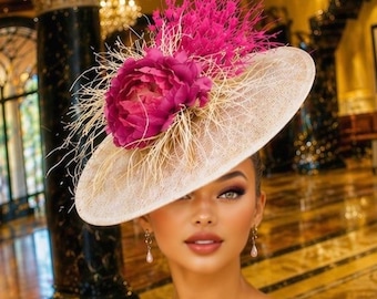 Kentucky Derby Hat, Off-White High Tea Fascinator, Shocking Hot Pink Cream Flower Bridal Hat, Easter Hat Fuchsia Kentucky Oaks Hat Del Mar