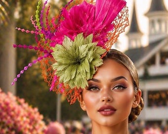 Kentucky derby hoed tovenaar, felroze salie olijfgroen oranje derby tovenaar, bruids tovenaar, Royal Ascot Hat