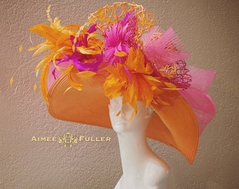 Free Shipping High Tea Orange Hot Pink Derby Hat, Kentucky Derby Hats for Women, Kentucky Oaks Hat, Easter Hat, Del Mar Hat, Royal Ascot Hat