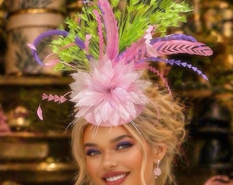 Tocado para el Derby de Kentucky, sombrero de cóctel, tocado de plumas verde manzana, lavanda, morado y rosa, sombrero Del Mar, tocado Ascot
