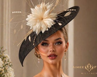 Kentucky Derby Hat, Black Sinamay and Cream Off-White Feathers Bridal Fascinator, Del Mar Royal Ascot, Melbourne Cup Hat, Breeders Cup