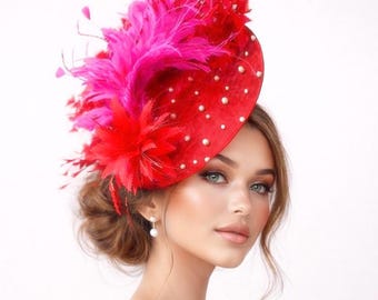 Tocado para el Derby de Kentucky, sombrero Royal Ascot rosa fucsia, sombrero de novia de perlas sintéticas, evento especial de té de la tarde, Copa Melbourne, Del Mar