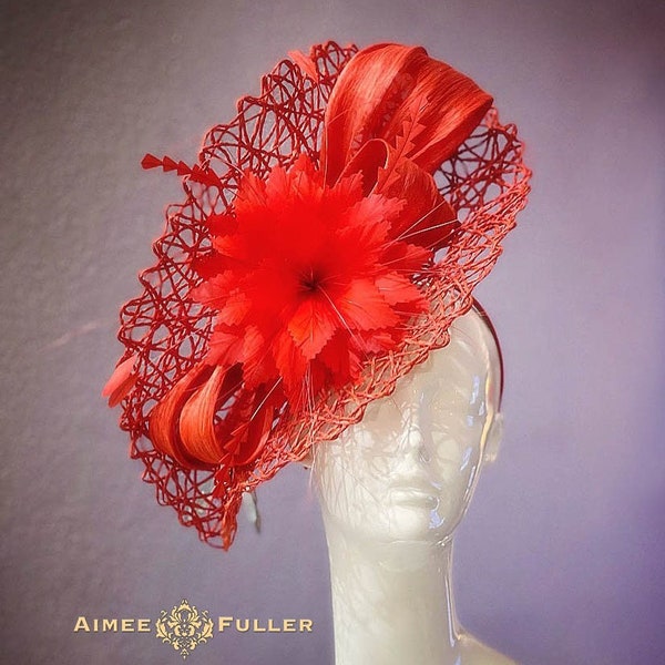 Kentucky Derby Fascinator, Royal Ascot Hat, Bright Red Taffy Like Silk, Bridal Hat, Easter Hat, Del Mar Races Hat, Melbourne Cup, Preakness