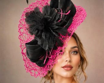 Tocado para el Derby de Kentucky, sombrero de seda rosa fucsia y negro, sombrero para el día de la inauguración de Del Mar, Royal Ascot