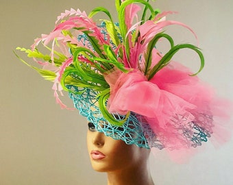 Aimee Fuller Kentucky Derby Fascinator, Apple Green Pink Turquoise Blue Hat, Easter Hat, Del Mar Races Opening Day Hat, Royals Ascot Hat