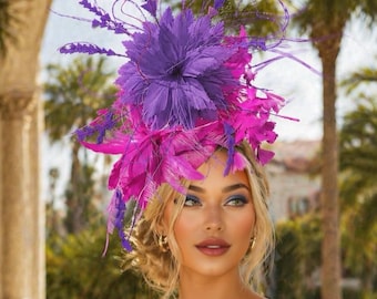 Cappello fascinator per il Kentucky Derby, cappello per il Royal Ascot, cappello da sposa rosa acceso, fucsia e piume viola, Del Mar Melbourne Cup