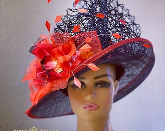Red Kentucky Derby Hat, Sinamay with Silk Velvet Rose, Easter Hat, High Tea Hat, Del Mar Opening Day Hat, Church Hat Contest Royal Ascot Hat