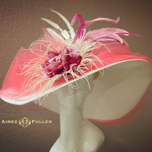 Couture White Hot Pink Melon Coral Flowers Feathers Church High Tea Events Kentucky Derby Hat Del Mar Races Royal Ascot Hat Church Galas