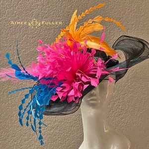 Kentucky Derby Hat, Rainbow Colors, Fuchsia Hot Pink Black Turquoise Blue Orange Del Mar Opening Day Hat, Royal Ascot Hat, Preakness Hat