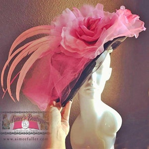 Kentucky Derby Hat, Pink Rose Derby Hat, High Tea Hat, Del Mar Races Hat, Black Pink Silk Rose Hat, Big Royal Ascot Hat, Breeders&#39; Cup Hat