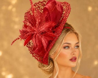 Kentucky Derby Hat, Big Derby Fascinator, Red Fascinator, Wedding Hat, Royal Ascot Hat, Fancy Fascinator