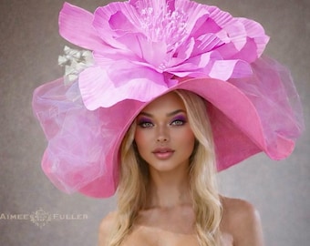 Sombrero para el Derby de Kentucky, Sombrero Rosa, Sombrero para el Derby Rosa y Morado Claro, Sombreros para el Derby de Kentucky para Mujeres, Sombrero Gigante para el Derby Lavanda