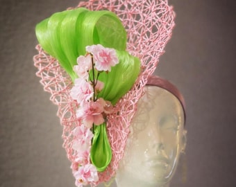 Kentucky Derby Hat Fascinator, Apple Green Silk Hat, Cherry Blossom Fascinator, Del Mar, Pink Easter Hat, Pink Royal Ascot, Melbourne Cup
