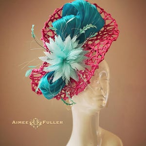 Kentucky Derby Hat Fascinator, Aqua Baby Blue Hot Pink Fascinator. Big Derby Fascinator Wedding Hat, Royal Ascot Hat, Kentucky Oaks Hats