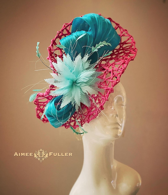 Kentucky Derby Hat Fascinator, Aqua Baby Blue Hot Pink  display picture 1