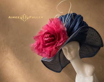 Kentucky Derby Hat, Dark Navy Blue Wide Brim Hat, Fuchsia Hot Pink Rose, Royal Ascot