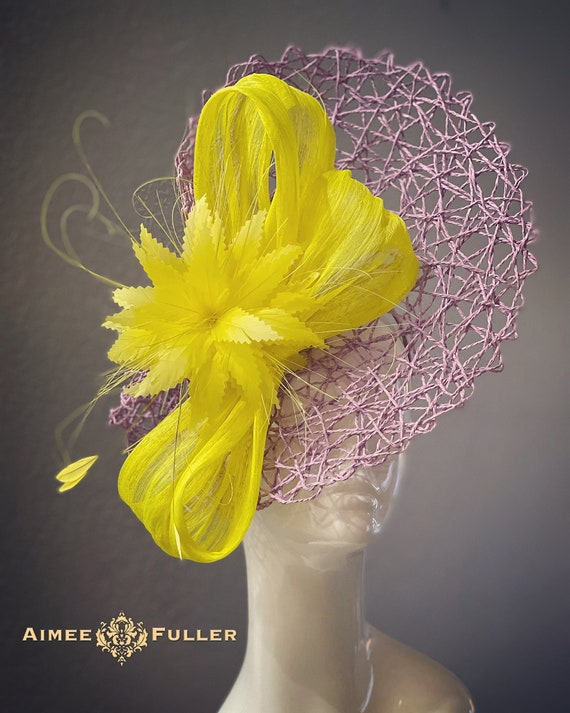 Kentucky Derby Hat Fascinator, Yellow and Purple Feather Hat  display picture 2