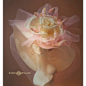 Kentucky Derby Hat, High Tea White Cream Derby Hat, Kentucky Derby Hats for Women, Big Butterfly Hat Pink, Easter Royal Ascot Hat