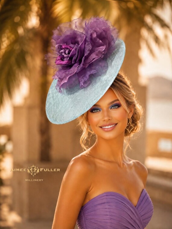 Kentucky Derby Hat, Light Powder Blue Sinamay Deep Purple  display picture 3