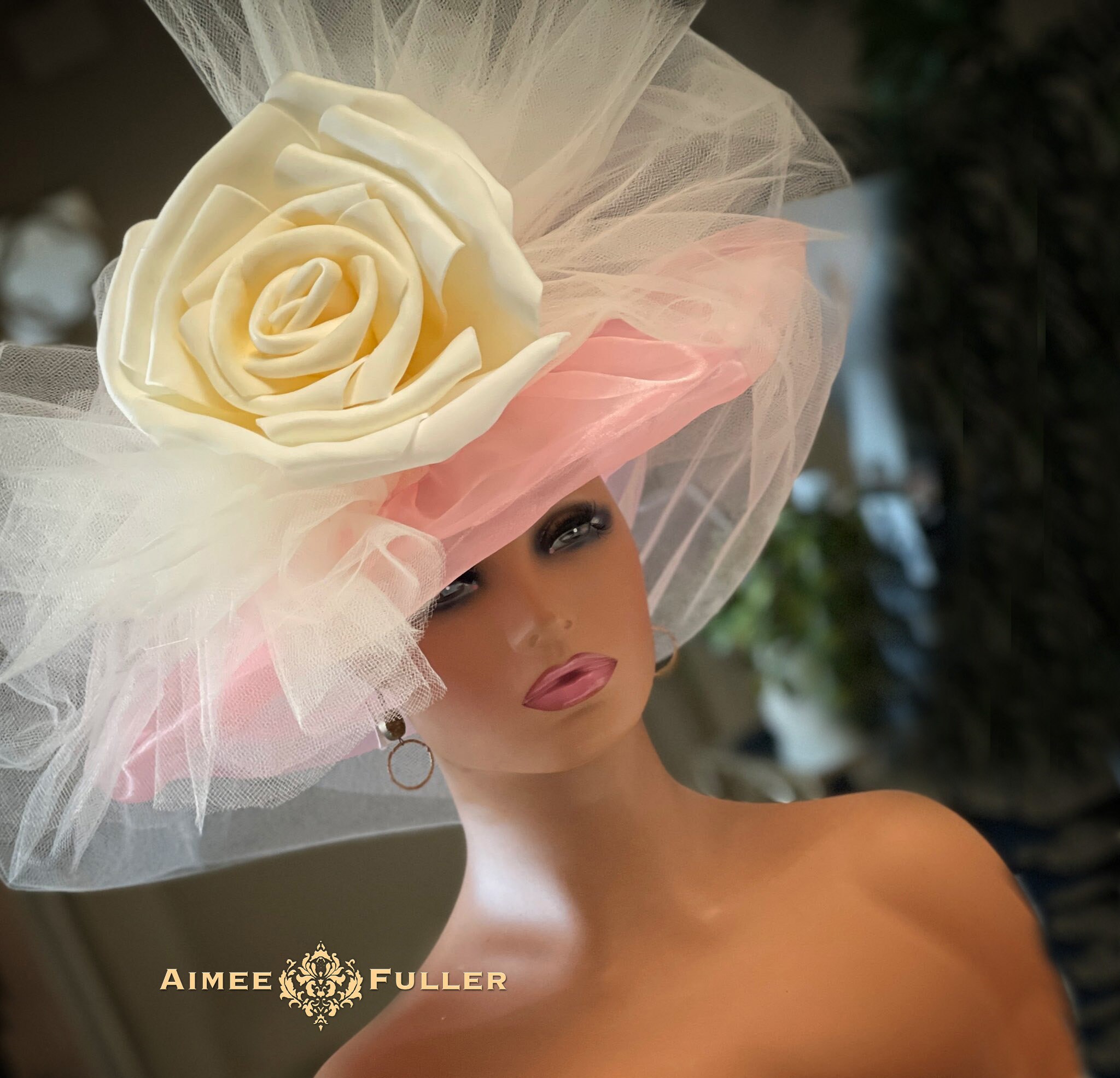 Kentucky Derby Hat, off White Pink Large Rose Easter Hat  display picture 2