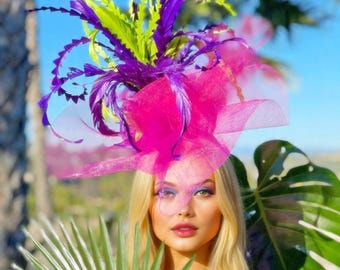 Kentucky Derby Hat Fascinator, Shocking Pink Purple Apple Green Hat, Cocktail Hat, Hot Pink Del Mar Melbourne Cup, Royal Ascot, Easter
