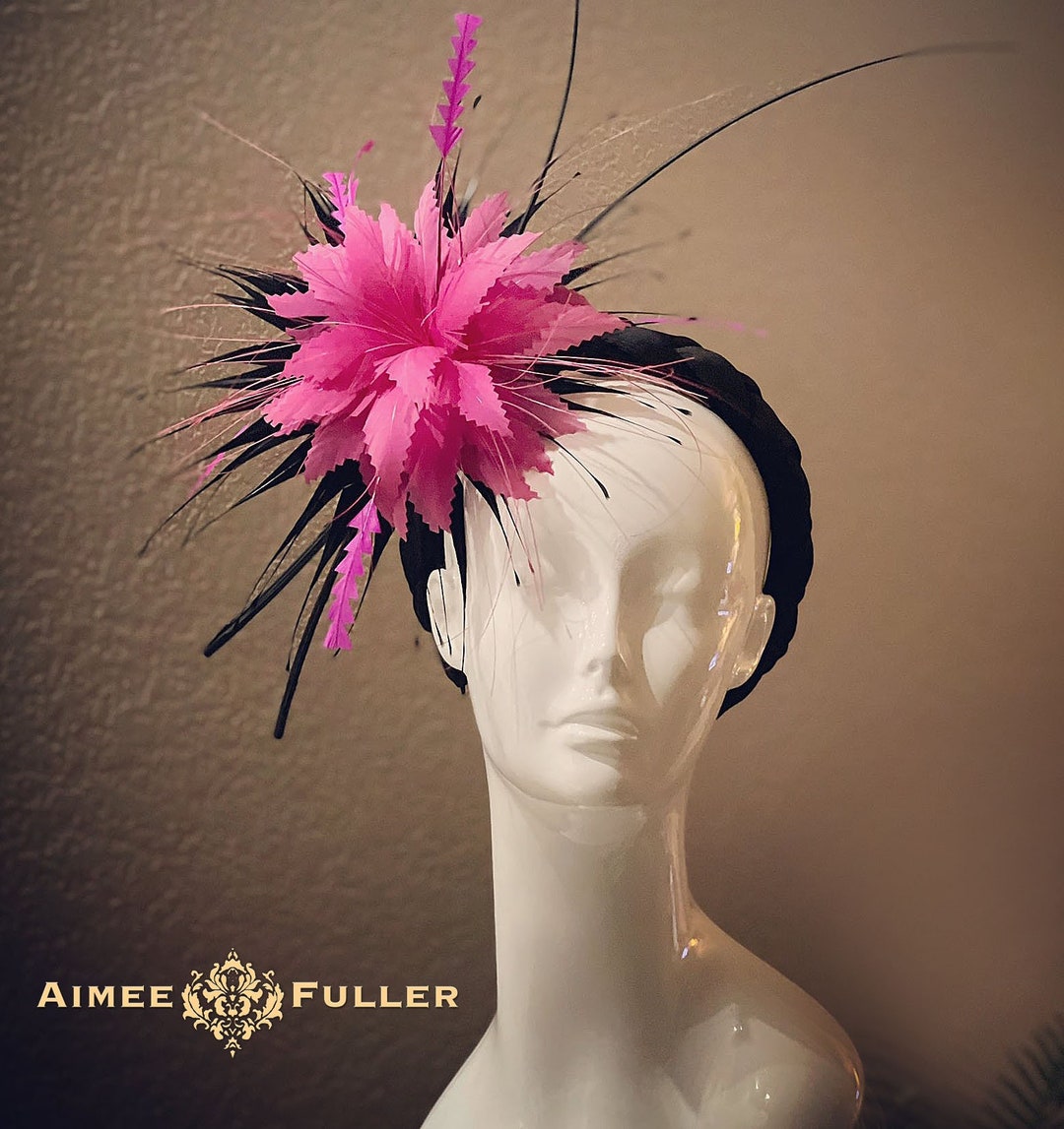 Kentucky Derby Fascinator, Black Fancy Feather Hat, Fuchsia Shocking
