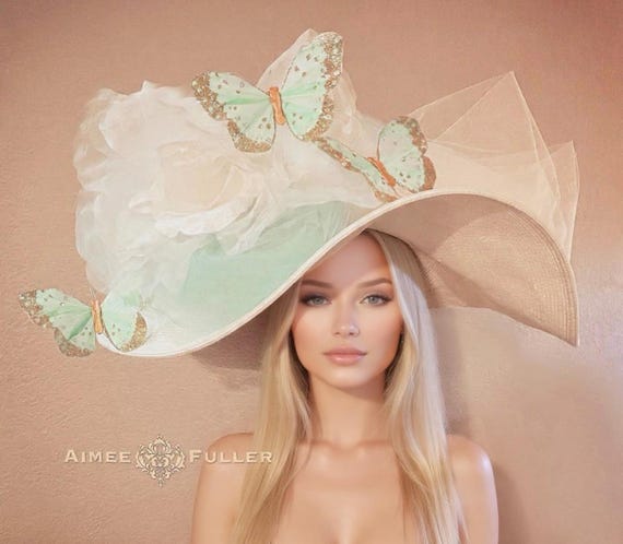 Large ivory Kentucky Derby Panama with green silk bow Cream Green Bow Kentucky Derby Fascinator, Royal Ascot Hat  main image 2