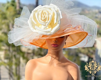 Wide Brim Kentucky Derby Hat, Off White Orange Large Rose Hat, Easter Hat, Church Hat, Del Mar Opening Day Hat, Royal Ascot Hat, Fancy Hat