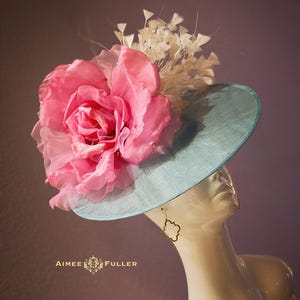 Kentucky Derby Hat Fascinator, Light Blue Royal Ascot Hat, Bright Pink Cream Bridal Mother of the Bride Fascinator, Big Pink Derby Hat, Oaks