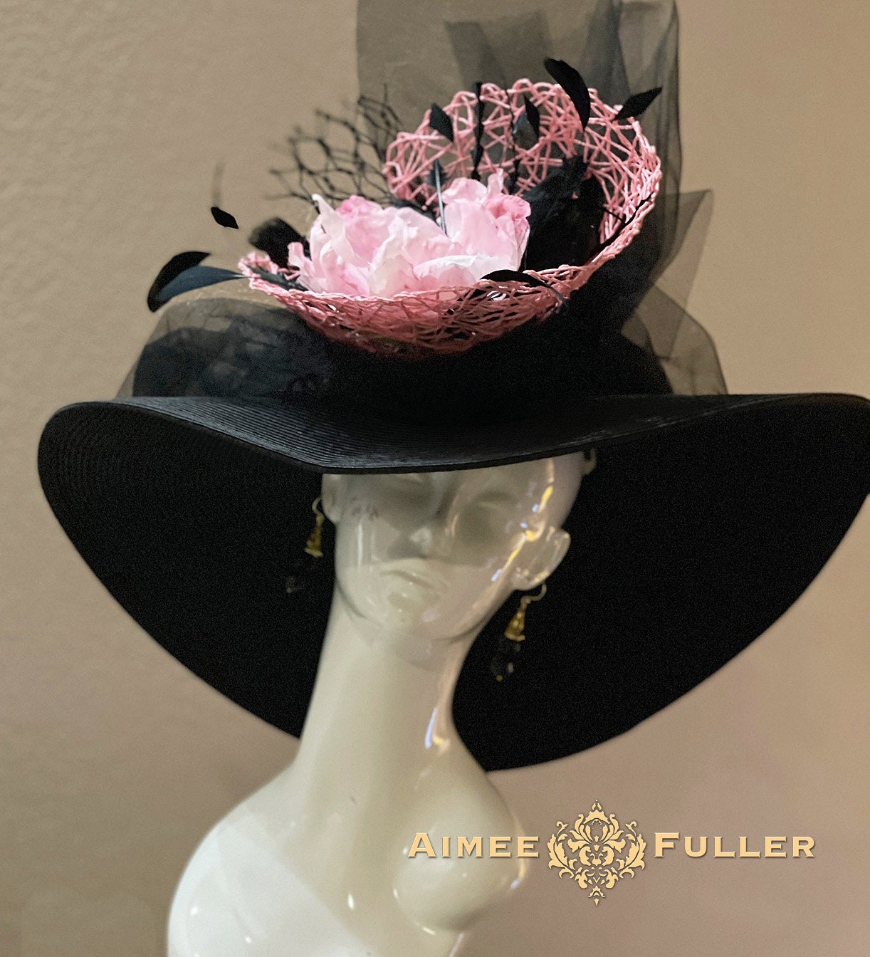 Kentucky Derby Hat, Wide Brim Hot Pink Flower Black Church 