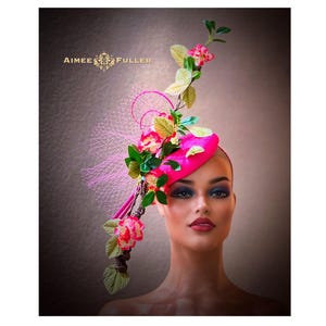 Kentucky Derby Hat Fascinator, Hot Pink Fuchsia Hat, Floral Fascinator, Sage Green High Tea Hat, Royal Ascot Hat Melbourne Cup Kentucky Oaks