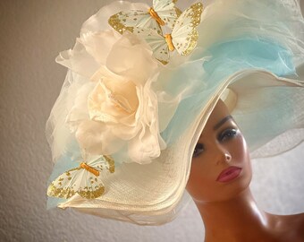 High Tea Ivory White Cream Baby Blue Derby Hat, Kentucky  display picture 1