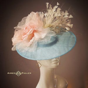 Kentucky Derby Fascinator, Light Blue Royal Ascot Hat, Pale Baby Pink Cream Bridal Mother of the Bride Fascinator, Big Pink Derby Hats