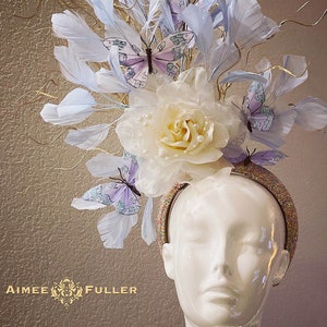 Kentucky Derby Fascinator, Periwinkle Off-White Rose Floral Hat, Butterfly High Tea Hat, Royal Ascot, Easter, Melbourne Cup, Del Mar Hat image 2