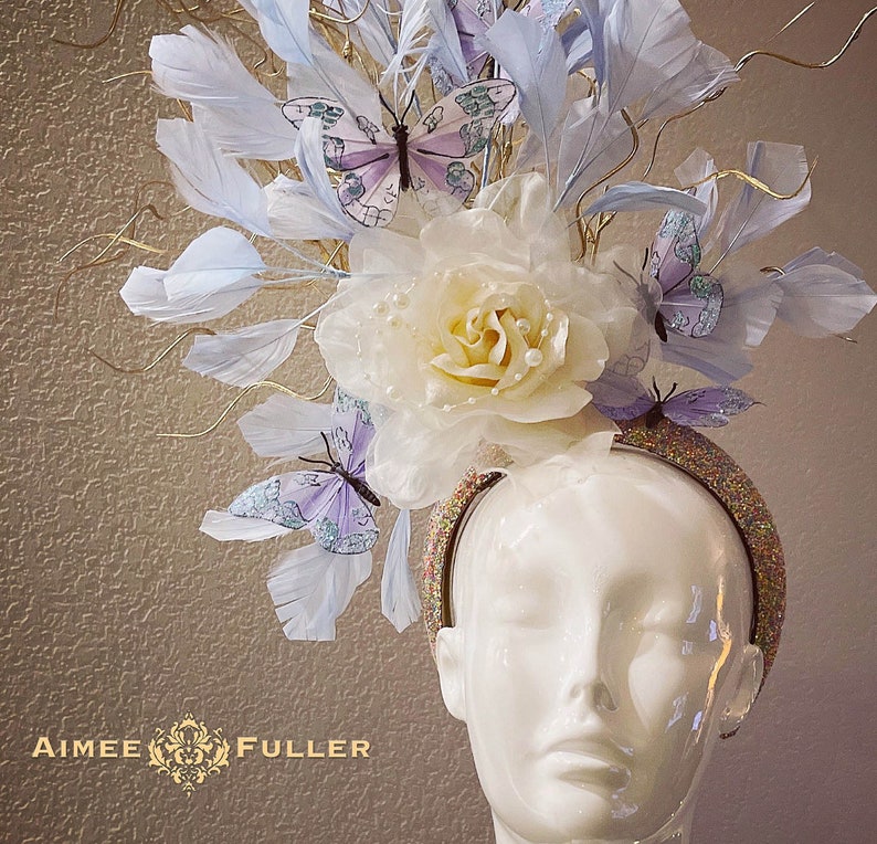 Kentucky Derby Fascinator, Periwinkle Off-White Rose Floral Hat, Butterfly High Tea Hat, Royal Ascot, Easter, Melbourne Cup, Del Mar Hat 画像 2