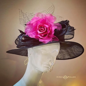 Kentucky Derby Hat, Kentucky Oaks, Black Hot Pink Fuchsia Rose Easter Hat, Church Hat, High Tea Hat, Del Mar Races, Bridal Royal Ascot Hat