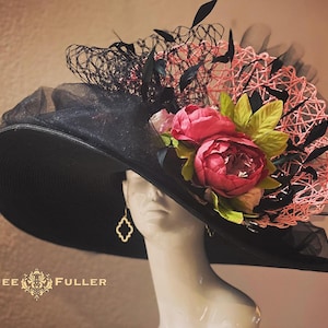 Kentucky Derby Hat, Wide Brim Hot Pink Flower Black Church Hat, Easter Hat, High Tea Hat, Del Mar Races Opening Day Hat, Royal Ascot Hat