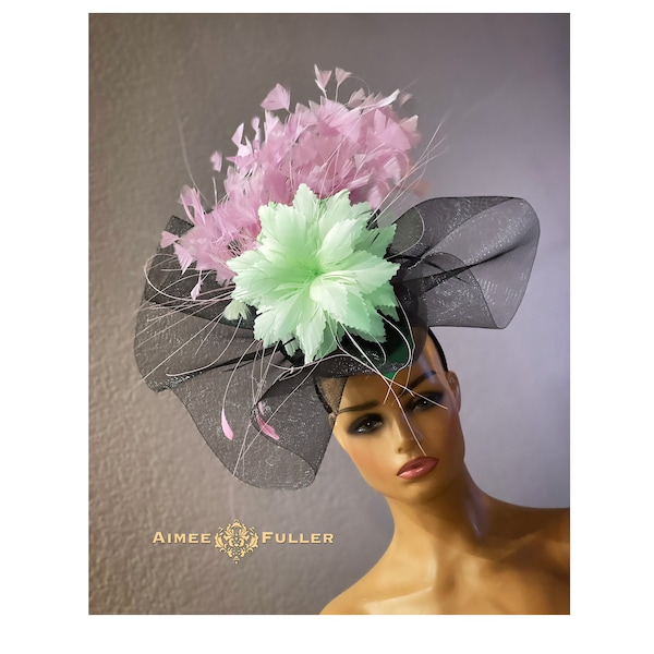 Kentucky Derby Fascinator, Black Pink Mint Green Fascinator, Cocktail Hat Feathers, Del Mar Races Hat, Royal Ascot Fascinator Hat, Preakness