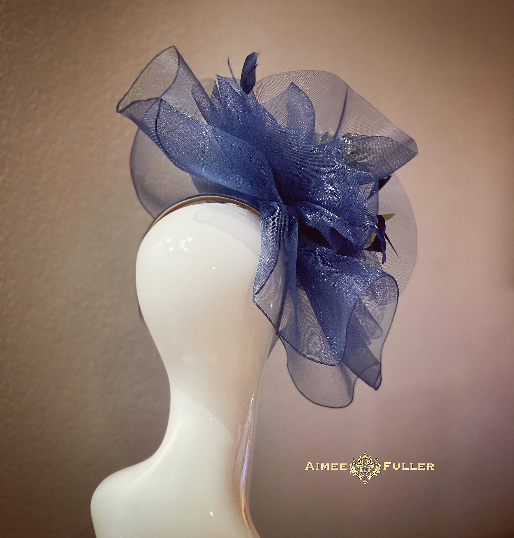 Kentucky Derby Hat New Navy Organza Floral Feather Fascinator Kentucky Oaks kentucky derby hat fascinator royal blue woven base with  main image 3