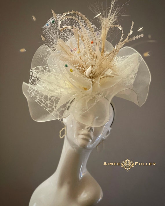 Kentucky Derby Fascinator Hat – Crinoline Flower Feather Fascinator Cream Ivory kentucky derby hat fascinator ivory cream neutral sinamay  main image 4