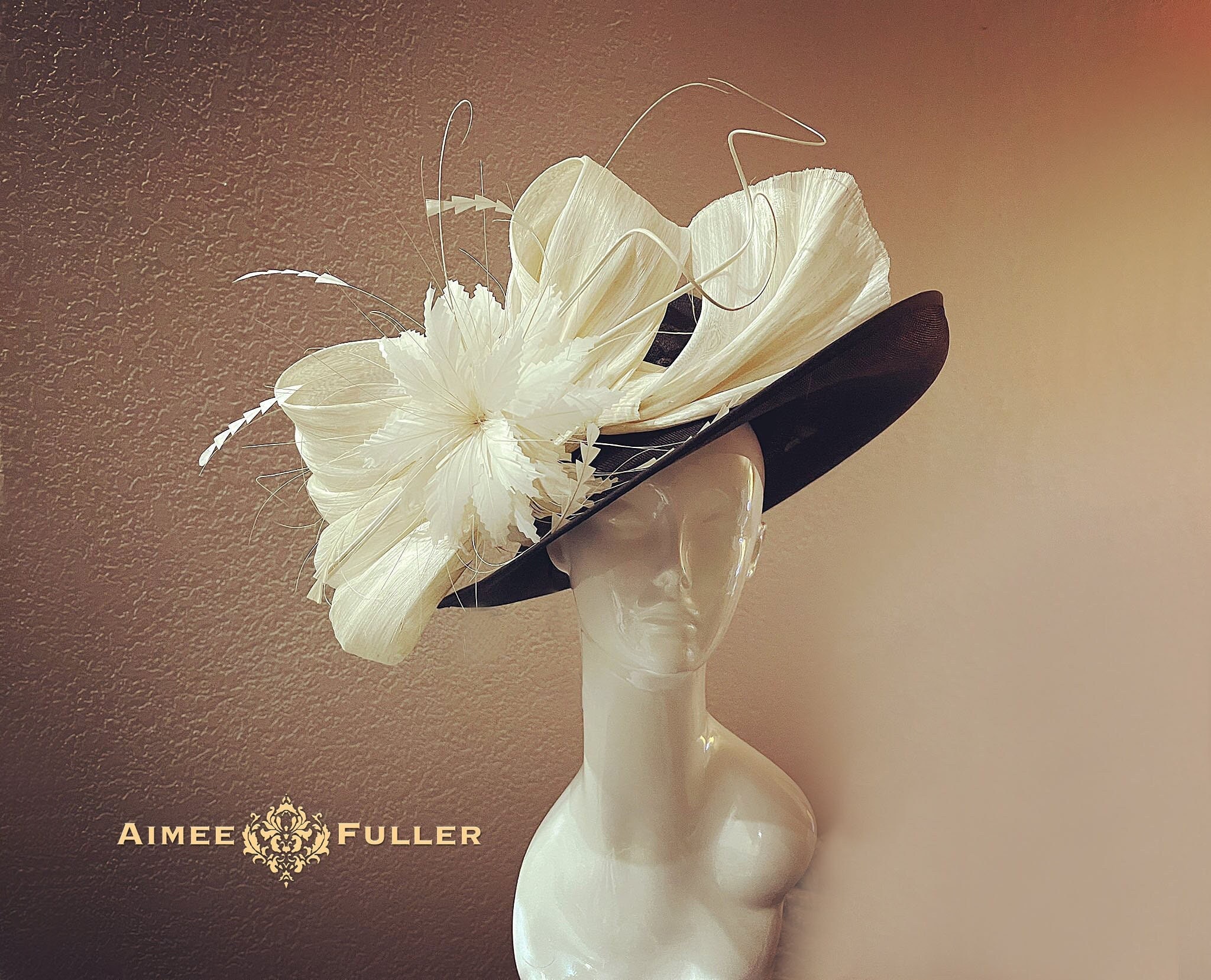 Kentucky Derby Hat, Black & Cream off White Large Silk Bow  display picture 1