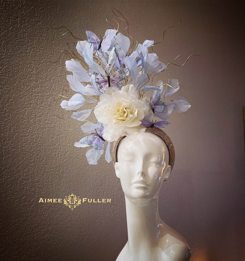 Kentucky Derby Fascinator, Periwinkle Off-White Rose Floral Hat, Butterfly High Tea Hat, Royal Ascot, Easter, Melbourne Cup, Del Mar Hat image 1