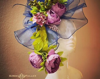 Floral Kentucky Derby Hat, Navy and Pink Royal Ascot  display picture 3