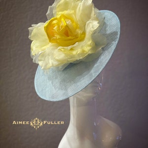 Kentucky Derby Hat, Light Powder Blue Sinamay Hat, Yellow Rose Flower Hat, Bridal Fascinator, Easter, Del Mar, Big Royal Ascot Hat Hatinator