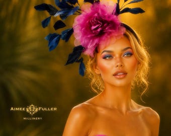 Kentucky Derby Hat, Navy Blue Bridal Fascinator, Midnight Blue Fuchsia Silk Rose Flower Hat, Royal Ascot Hat, Melbourne Cup Hat, Easter Hat