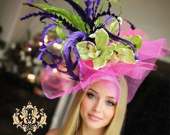 Cappello fascinator del Kentucky Derby, cappello rosa shocking viola verde mela, cappello da cocktail con fiori di orchidea, Del Mar Melbourne Cup, Royal Ascot, Pasqua