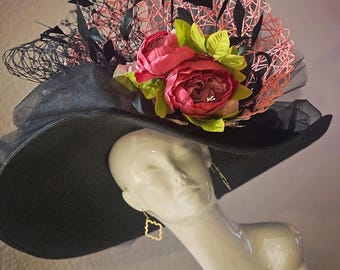 Kentucky Derby Hat, Wide Brim Hot Pink Flower Black Church  display picture 1
