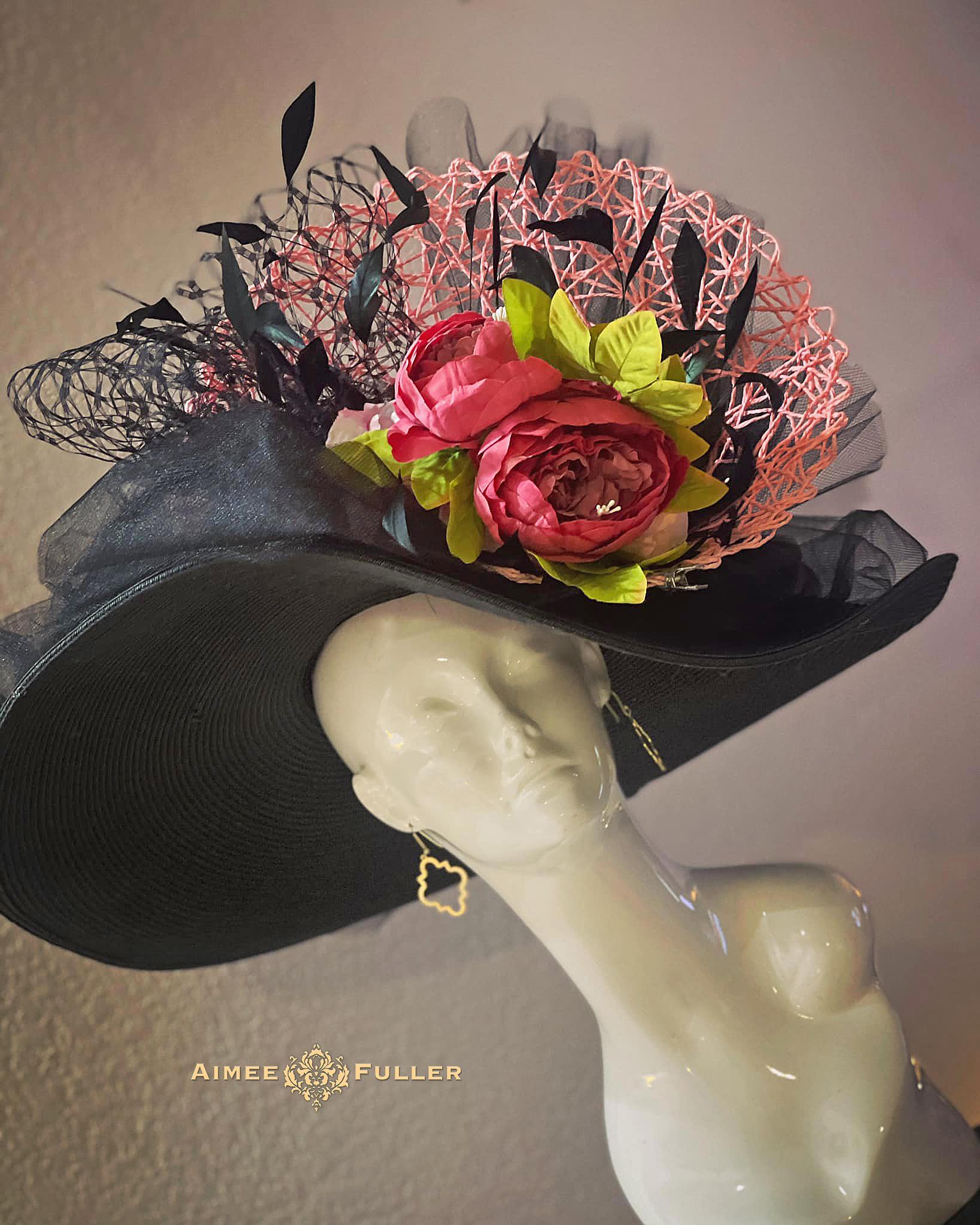 Kentucky Derby Hat, Wide Brim Hot Pink Flower Black Church 