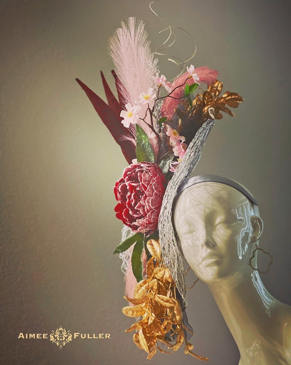 Kentucky Derby Oaks Gold Floral Fascinator Hat with Pink Floral Large Gold Leaf Floral Kentucky Derby Hat, Mauve Pink Green Royal Ascot  main image 3
