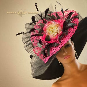 Kentucky Derby Hat, Wide Brim Hat, Ky Derby Hat, Fuchsia Hot Pink Flower Black Hat, Del Mar Opening Day Hat, Royal Ascot Hat, Breeders&#39; Cup